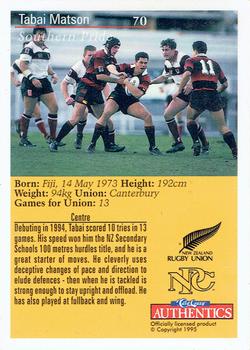 1995 Card Crazy Authentics Rugby Union NPC Superstars #70 Tabai Matson Back